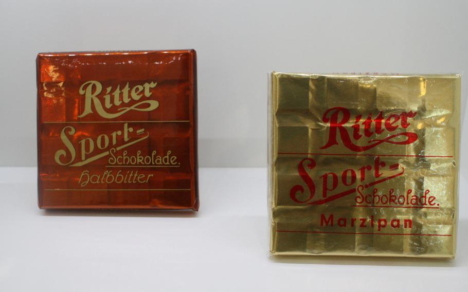 Ritter Sport, famous for its square-shaped chocolate, began producing the square packages in the 1930s. These packages are from around the late 1940s.