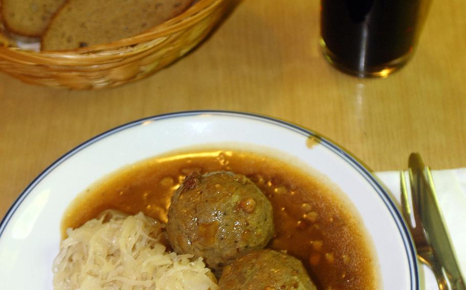 A common German dish of Leberknoedel -- liver dumplings -- are among the courses available in some of the huts that dot the Pfälzerwald south of Kaiserslautern, Germany. There are nearly 100 huts in the forest, and dozens of them serve beverages and warm food.