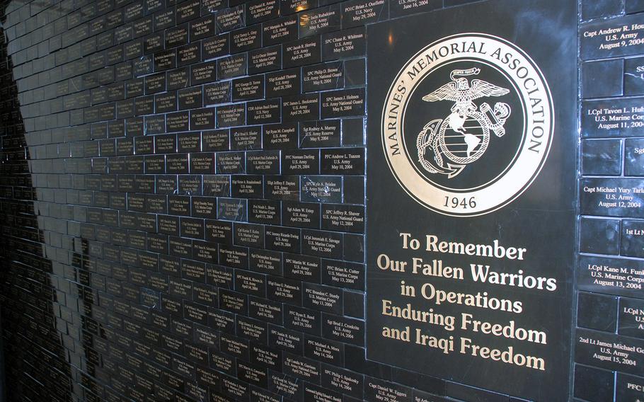 In 2012, the Marines' Memorial Club and Hotel had to start putting names of those killed in combat after 9/11 on a planter because they had run out of wall space in on the mezzanine they dedicated in their honor. The club started the memorial in 2004 and didn't anticipate that names would still be going up nearly 10 years later.