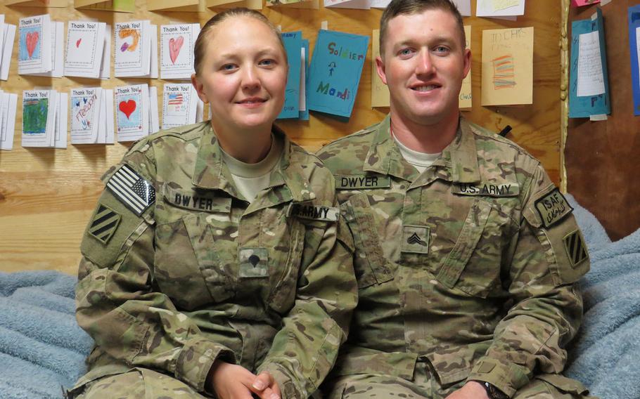 Spc. Amanda Dwyer and Sgt. Jonathan Dwyer, members of the Special Troops Battalion, 4th Brigade Combat Team stationed in eastern Afghanistan, belong to an extremely small minority of married Army couples who deploy to a war zone with the same platoon.