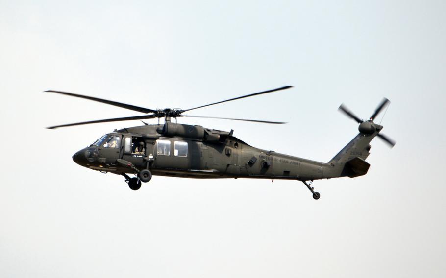 U.S. Army UH-60 Black Hawk flies over Camp Humphreys, South Korea on Oct. 10, 2013.