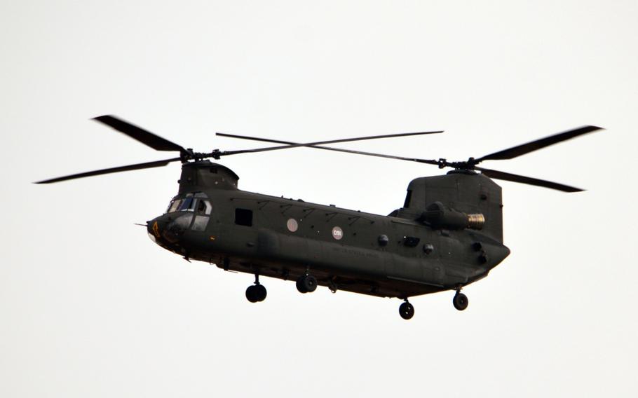 U.S. Army CH-47 Chinook flies over Camp Humphreys, South Korea on Oct. 10, 2013.