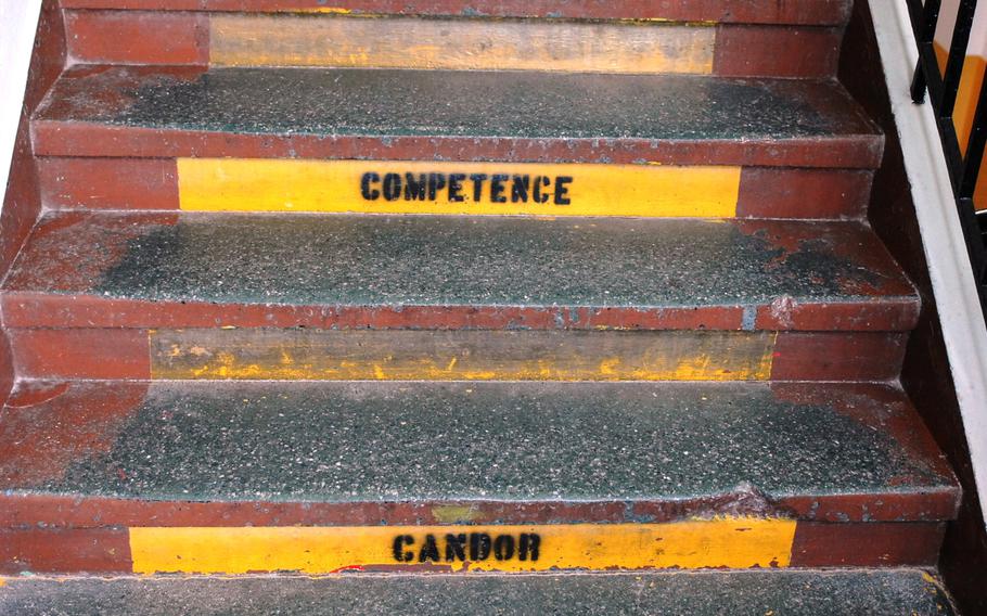 "Competence" and "candor" are among the attributes emblazoned on the staircases by the building's former U.S. Army residents at Stadtmuseum Schwabach in Schwabach, Germany, on June 28. The museum, located near Nuremberg, features artifacts from World War II and the city's gold industry, among other items. Its main building was once home to the U.S. Army's O'Brien Barracks.