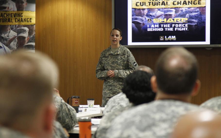 Pfc. Natasha Schuette, who was sexually assaulted by one of her drill sergeants in basic training, tells Army leaders in Europe on Sept. 19, 2013, about the ordeal she went through to report her assault. One drill sergeant ignored her report and her first sergeant attempted to kick her out of the Army for failing to adapt to the military. Lt. Gen. Donald Campbell Jr., commander of U.S. Army Europe, invited Schuette to tell her story at a Sexual Assault Awareness, Response and Prevention conference for senior Army leaders in Europe.