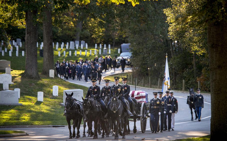 Army Gen. Martin E. Dempsey, chairman of the Joint Chiefs of Staff, along with Air Force Chief of Staff Gen. Mark A. Welsh III, and other current and former military leaders attend the funeral of the late Air Force Gen. David C. Jones, ninth chairman of the Joint Chiefs of Staff, at Arlington National Cemetery, Arlington, Va., on Oct. 25, 2013. Jones, who served under former Presidents Jimmy Carter and Ronald Reagan, passed away Aug. 10, 2013.