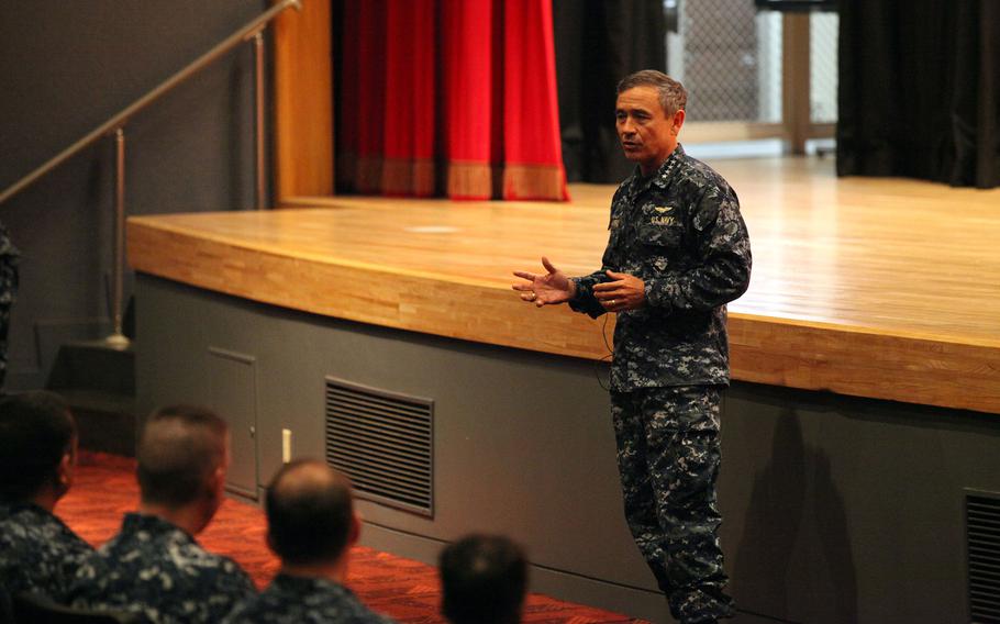 U.S. Pacific Fleet commander Adm. Harry B. Harris speaks to sailors at Yokosuka Naval Base, near Tokyo, Japan, on Nov. 19, 2013.