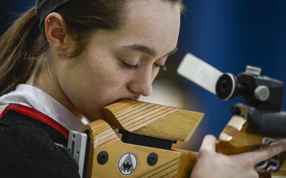 Patch High School's Maggie Ehmann focuses before taking a shot in the 2013 DODDS-Europe Rifle Championships, Jan. 26, 2013, at Baumholder, Germany.