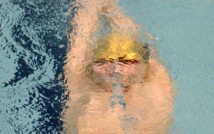 Sebastian Lunak, 10,  from the NATO Marlins gets ready to emerge from his butterfly to backstroke turn of the 200-meter individual medley at the European Forces Swim League championships at Eindhoven, Netherlands, Feb. 17, 2013. Lunak won the event with a time of 3:06.76.