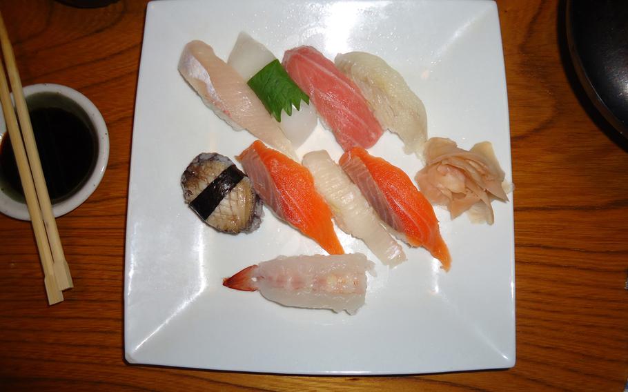 The top-shelf sushi set at Hirado's Yutaka Zushi features the best cut of tuna money can buy, called "otoro." Also in the set, Japanese tiger prawn, abalone, sea urchin, fish eggs, squid, yellowtail, whitefish and shellfish for 3,000 yen. This set swaps out sea urchin and fish eggs for salmon.