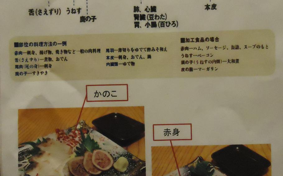 Yutaka Zushi specializes in whale and offers various cuts for various prices. Whale don is 1,300 yen, whale sashimi is 1,300 yen and sushi is 1,800 yen. Here we see a shot of the menu detailing the various cuts available.