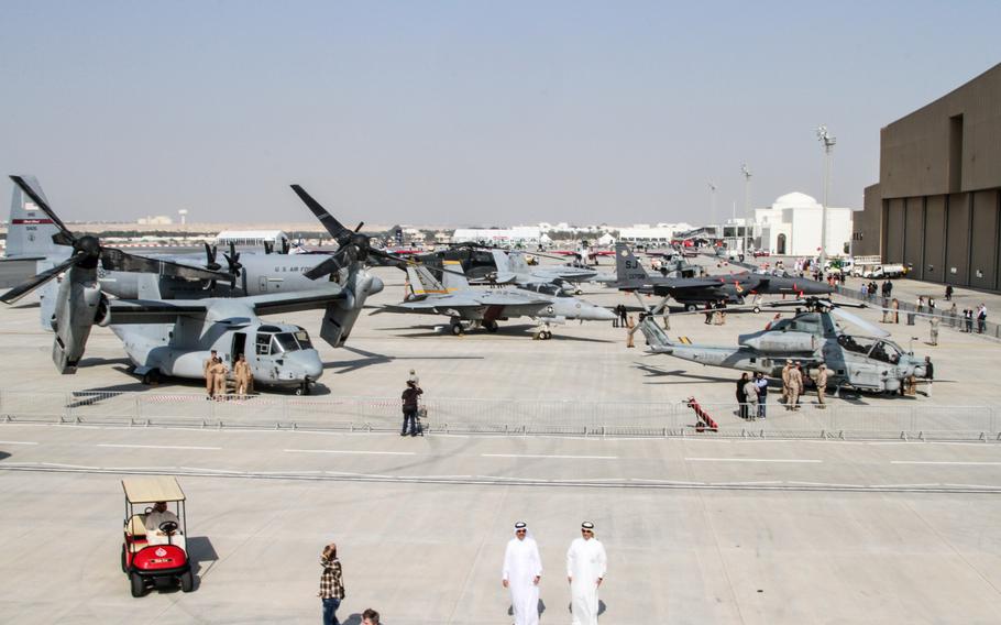 Various U.S. military aircraft on display at the Bahrain International Airshow Jan. 16, 2014.