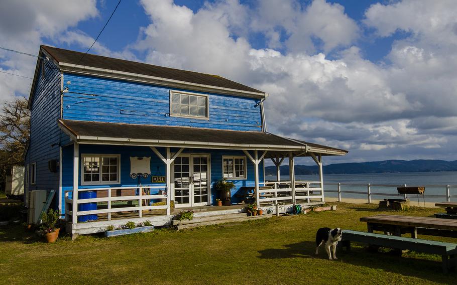 The rustic blue house at the Sea View Ranch in Hirado, Japan, looks like it belongs in Montana.
