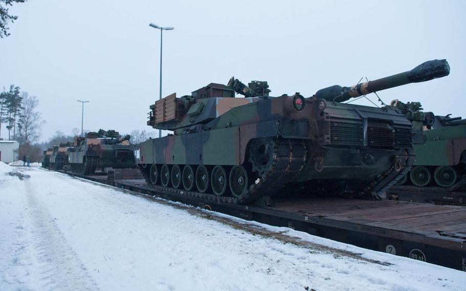 The last of 29 M1A2 SEP Abrams tanks arrived at the Grafenwoehr railhead, Jan. 31, 2014. The tanks are part of a new set of heavy equipment positioned at the training base.