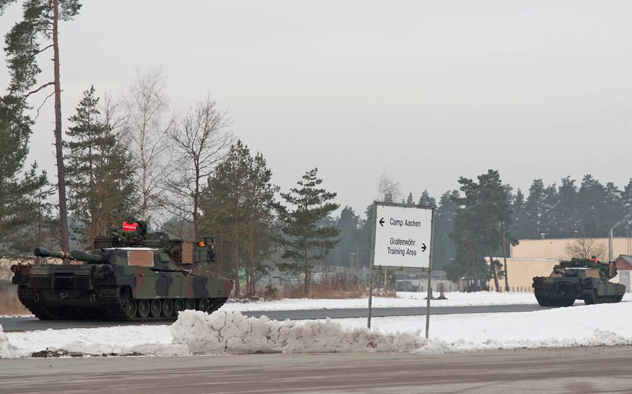 Twenty-nine M1A2 SEP Abrams tanks arrived at Grafenwoehr, Germany, on Jan. 31, 2014. They will join dozens of other pieces of heavy equipment as part of the European Activity Set, a pre-positioned set of equipment on the Grafenwoehr training facilities.
