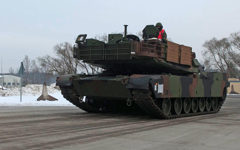 American tanks returned to Europe and to the Grafenwoehr training facilities in Germany, Jan. 31, 2014, nearly a year after the last Abrams tanks departed Germany.