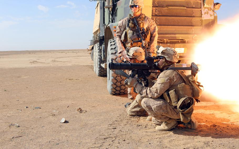 U.S. Marines with 1st Battalion, 9th Marine Regiment conduct rocket range training outside of Camp Leatherneck, Helmand province, Afghanistan, on Jan. 31, 2014.