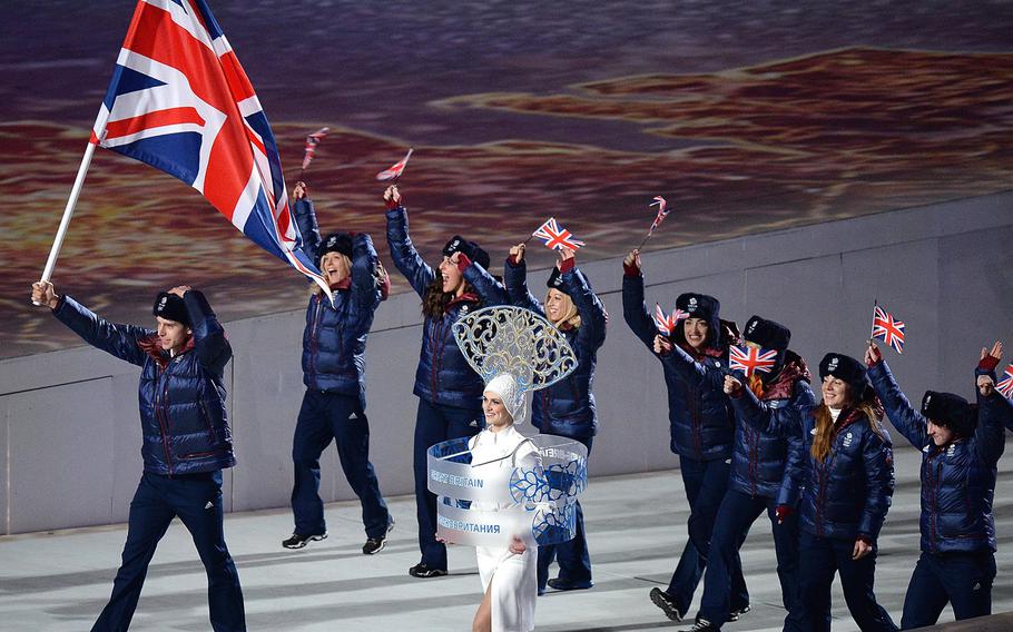The team from Great Britain enters Fisht Olympic Stadium in Sochi, Russia, during the Opening Ceremony for the Winter Olympics, Friday, Feb. 7, 2014. (Chuck Myers/MCT)