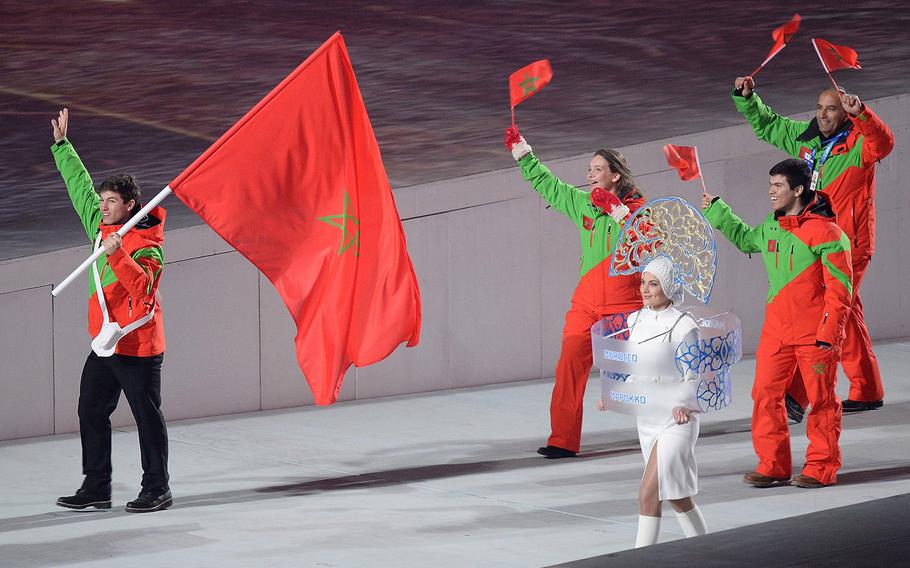 The team from Morocco enters Fisht Olympic Stadium in Sochi, Russia, during the Opening Ceremony for the Winter Olympics, Friday, Feb. 7, 2014. (Chuck Myers/MCT)