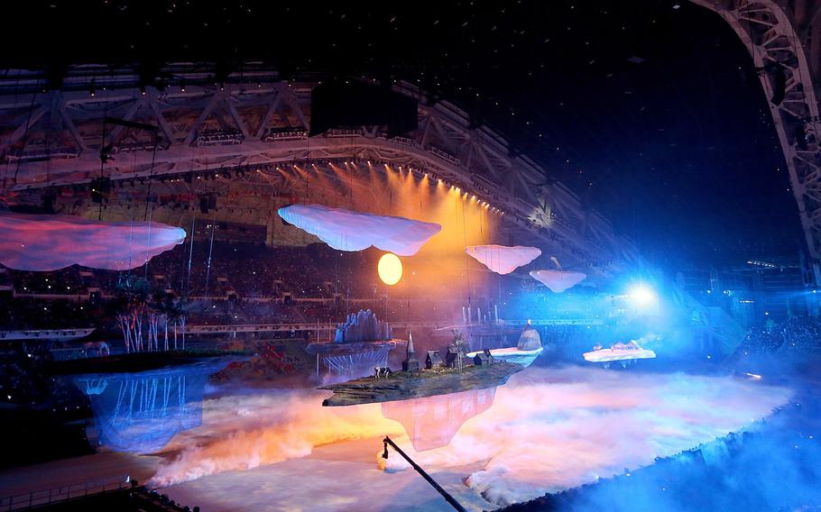 Scenes highlighting Russia&apos;s rich landscape and cultural diversity float past the audience during the Opening Ceremony for the Winter Olympics at Fisht Olympic Stadium in Sochi, Russia, Friday, Feb. 7, 2014. (Brian Cassella/Chicago Tribune/MCT)