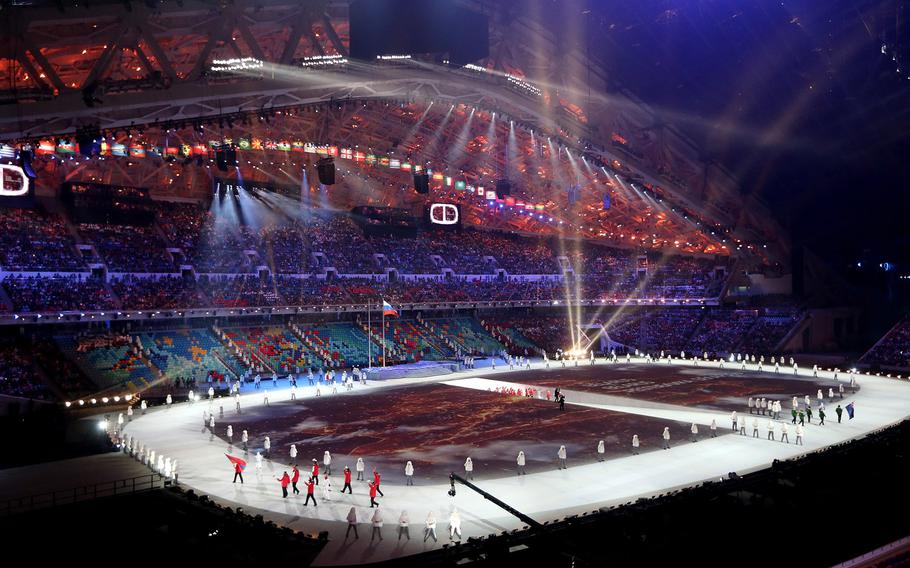 The parade of athletes takes place during the Opening Ceremony for the Winter Olympics at Fisht Olympic Stadium in Sochi, Russia, Friday, Feb. 7, 2014. (Brian Cassella/Chicago Tribune/MCT)