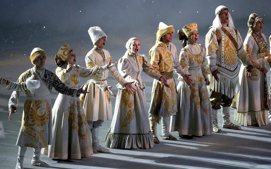 Performers in traditional Russian costumes perform during the Opening Ceremony for the Winter Olympics at Fisht Olympic Stadium in Sochi, Russia, Friday, Feb. 7, 2014. (Brian Cassella/Chicago Tribune/MCT)