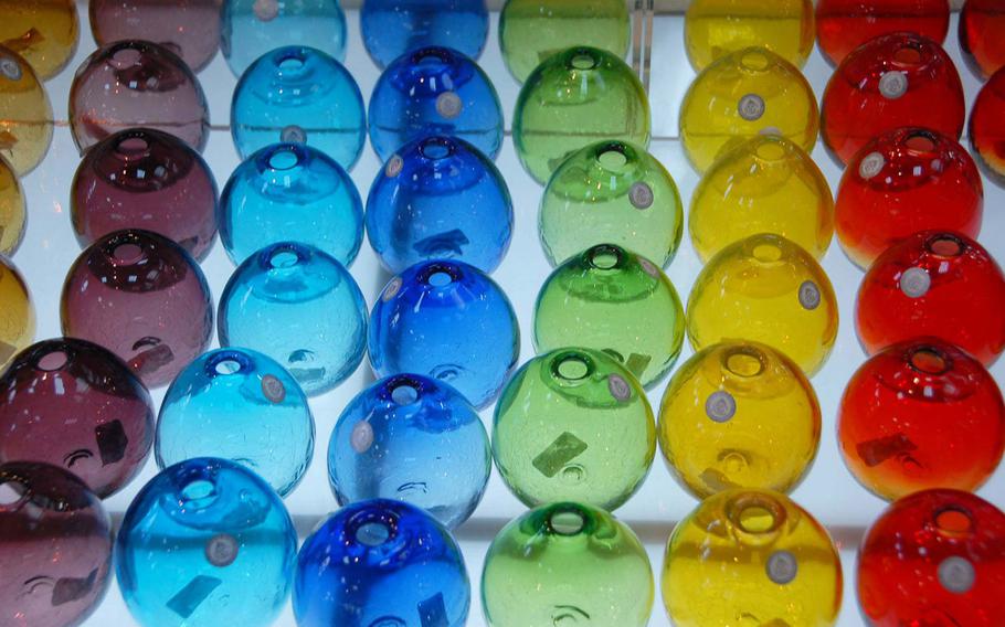 Rows of glass bulbs are available at Okinawa's largest glass factory, Ryukyu Glass Craft.