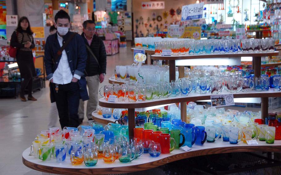 Glass made on site and at a sister factory in Vietnam are for sale at Ryukyu Glass Craft in southern Okinawa.