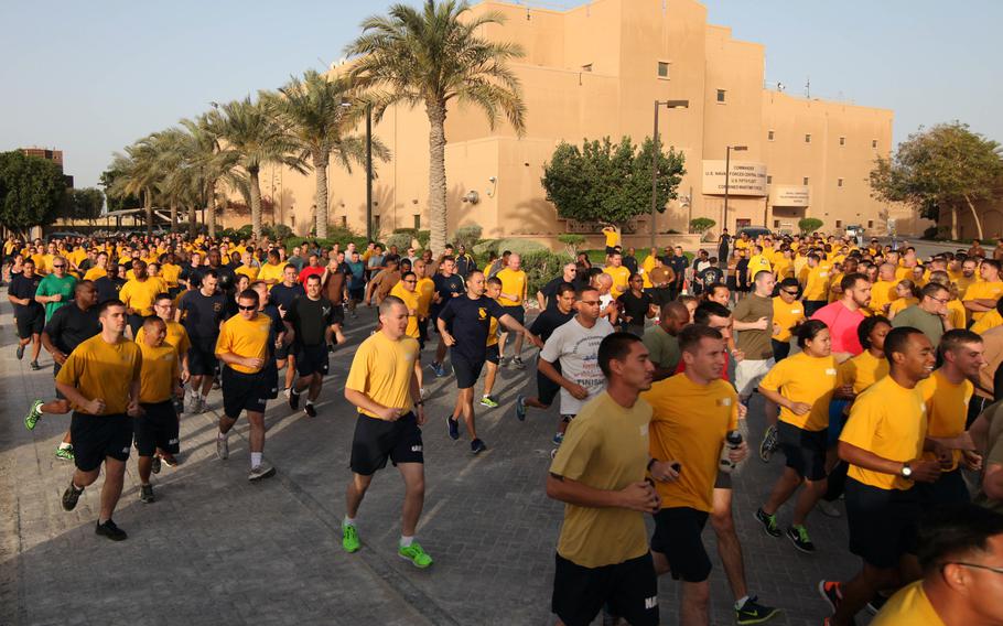 Hundreds of service members, civilian employees and family members joined the chief' petty officers from around Naval Support Activity Bahrain in a 3K run April 1, 2014, in celebration of the 121st birthday of the Navy chief petty officer rank.
