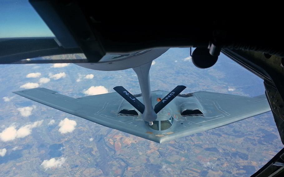 A B-2 Stealth Bomber out of Whiteman Air Force Base, Mo., is preparing to be refueled by a 108th Wing KC-135 Stratotanker on April 2, 2014.