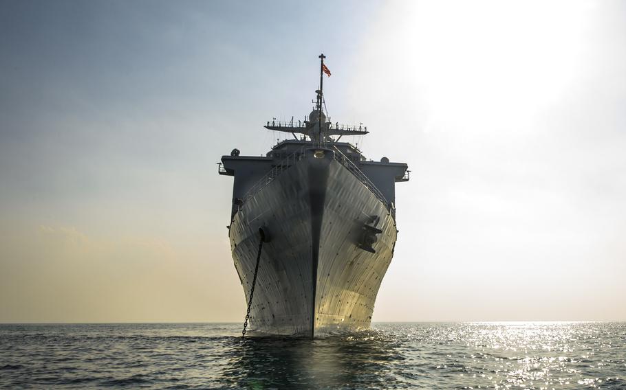 The amphibious dock landing ship USS Harpers Ferry anchors out at sea. Harpers Ferry is part of the Boxer Amphibious Ready Group and, with the embarked 13th Marine Expeditionary Unit, is deployed in support of maritime security operations and theater security cooperation efforts in the U.S. 5th Fleet area of responsibility.