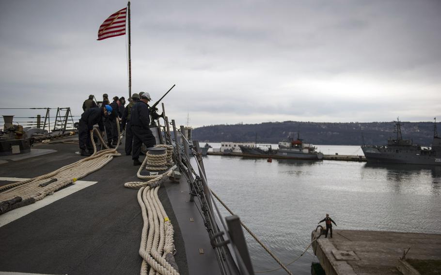 U.S. sailors prepare to get underway aboard the guided missile destroyer USS Truxtun in Varna, Bulgaria, after a scheduled port visit March 16, 2014. The Truxtun conducted training with naval forces of Romania and Bulgaria in the Black Sea.