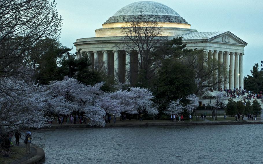 Darkness settles over the Tidal Basin and the Jefferson Memorial in Washington, D.C., on April 12, 2014.