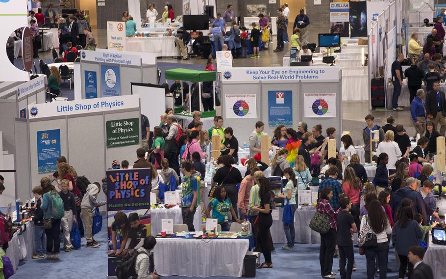 A look from above at one of the exhibit halls at the USA Science and Engineering Festival on April 25, 2014 in Washington, D.C.
