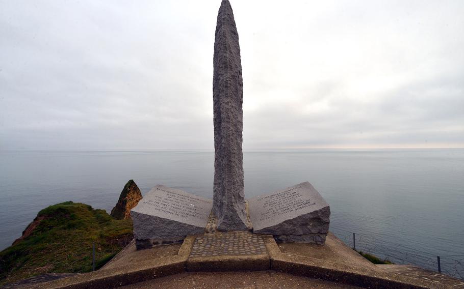 The Ranger Memorial at Pointe du Hoc. Lt. Col. James Rudder and his men of the 2nd Ranger Battalion fought their way up steep cliffs to this point to capture a German gun position that threatened both the Utah and Omaha D-Day landing beaches. They captured the position only to find that some of the guns had been moved and tree trunks were used as props. The guns were soon found, however, and destroyed.