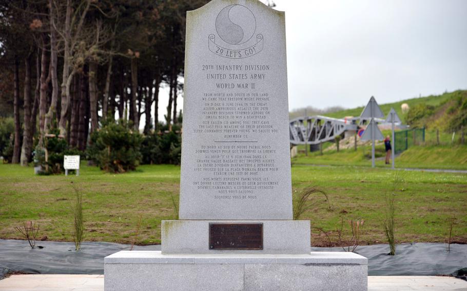 The monument to the 29th Infantry Division at Vierville-sur-Mer on Omaha Beach. The division's 116th Infantry Regiment was in the first assault wave at Omaha Beach.