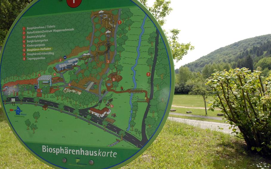 A map shows the areas to explore around the Biosphärenhaus in Fischbach bei Dahn in southern Germany, about an hour's drive from Kaiserslautern. The area includes a treetop trail and two adventure trails.
