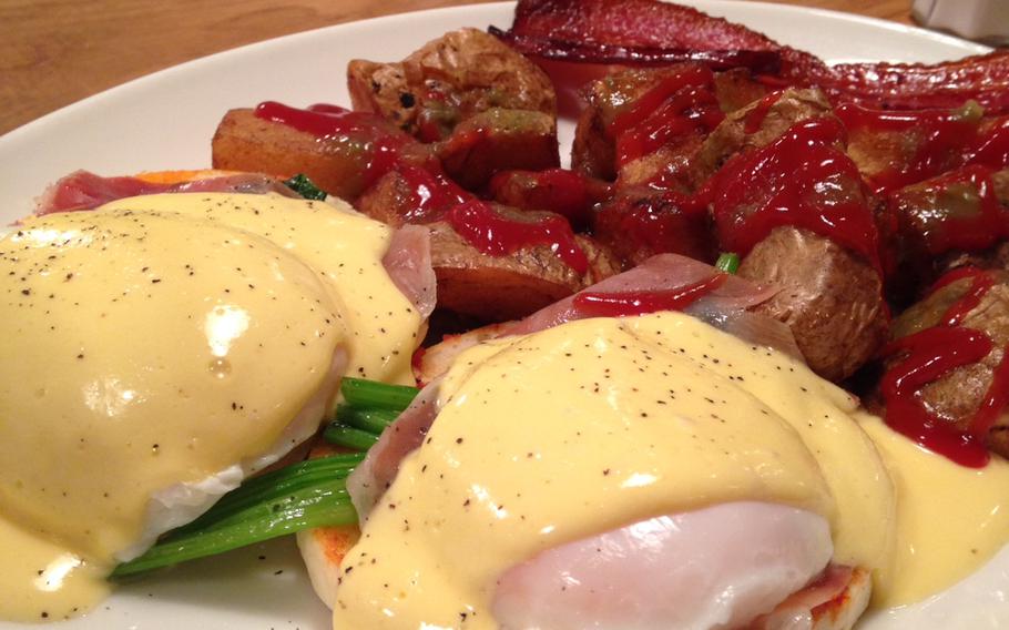 Eggs Benedict is a crowd favorite at Slappy Cakes restaurant in Tokyo's Shinjuku district.