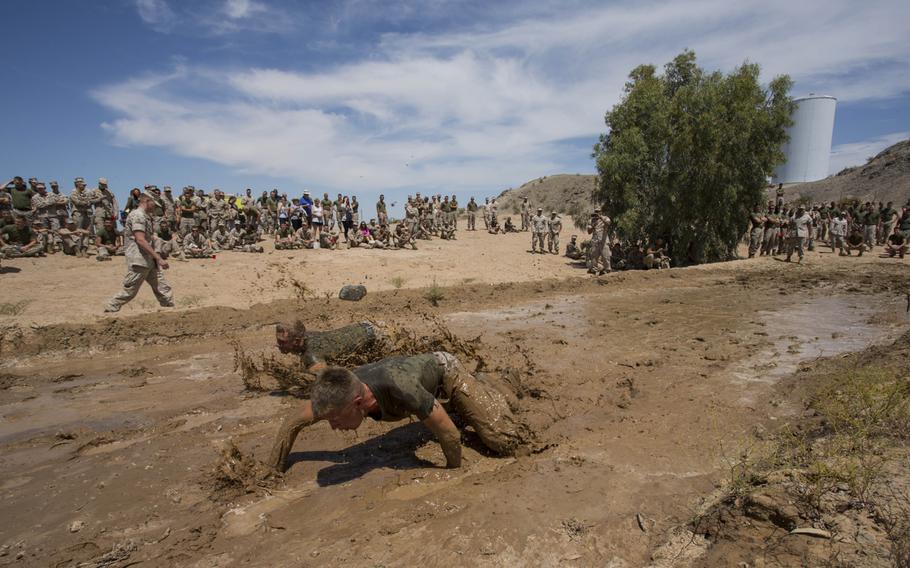 Marines and sailors  look on as two Marines complete the low crawl portion of the mud run competition during the annual field meet at the Memorial Sports Field Complex aboard Marine Corps Air Station Yuma, Arizona, on May 23, 2014.