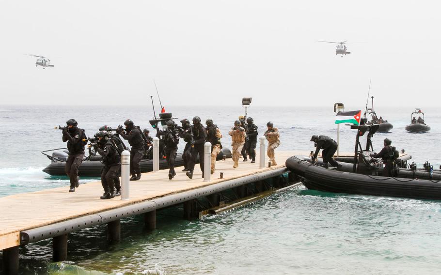Multinational Special Forces launch an assault on a target ashore during a demonstration to the media and civilian observers at Eager Lion in Jordan, June 5.