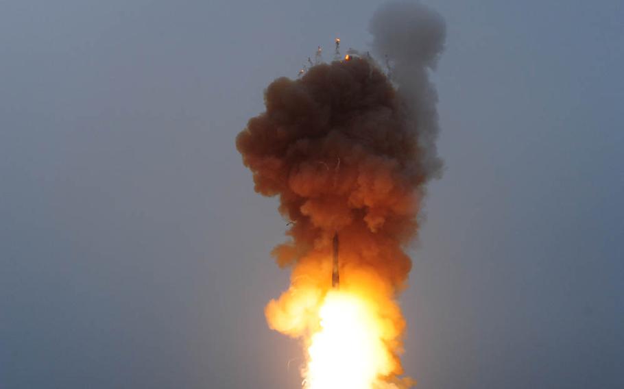 An unarmed LGM-30G Minuteman III intercontinental ballistic missile launches during an operational test on Tuesday, Sept. 23, 2014, at Vandenberg Air Force Base, Calif. 

Joe Davila/U.S. Air Force