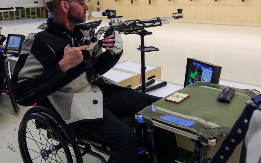 Retired U.S. Army Maj. John Arbino, of Williamsburg, Va., competes in the shooting event of the 2014 Warrior Games at the U.S. Olympic Training Center, Colorado Springs, Colo., Oct. 3, 2014.