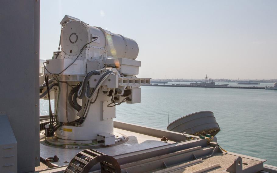 The Laser Weapon System installed aboard the afloat forward staging base USS Ponce, Nov. 21 2014. The Ponce is forward deployed to the U.S. 5th Fleet area of responsibility.