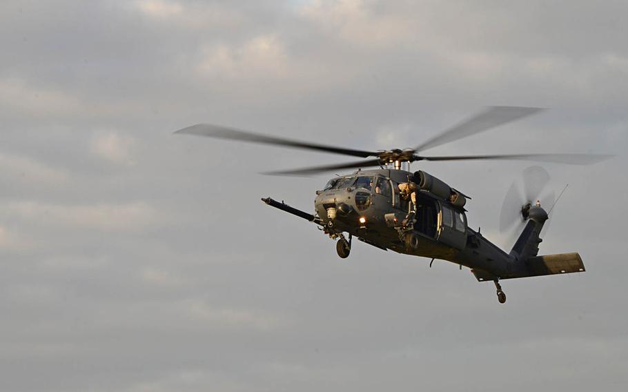 A 56th Rescue Squadron HH-60G Pave Hawk helicopter prepares to land on Tuesday, Dec. 30, 2014, at RAF Lakenheath, England. The primary mission of the HH-60G is to conduct day and night personnel recovery operations, and they also fly into hostile environments to recover isolated personnel during war.