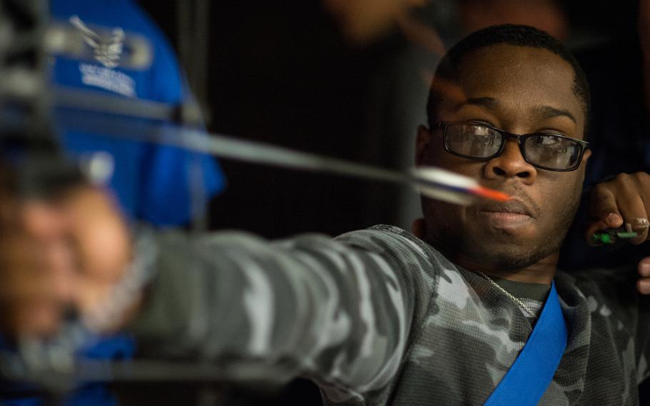 A recovering servicemember participates in archery drills during the Air Force Wounded Warrior Adaptive Sports and Reconditioning Camp on Jan. 21, 2015, at Joint Base San Antonio-Randolph Shooting Range.