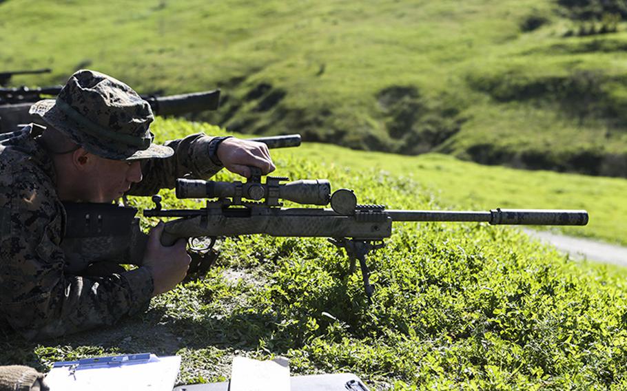 A Marine with 1st Recon Battalion, 1st Marine Division, participates in sniper training as part of Exercise Iron Fist 2015 aboard Marine Corps Base Camp Pendleton, Calif., on Jan. 27, 2015.