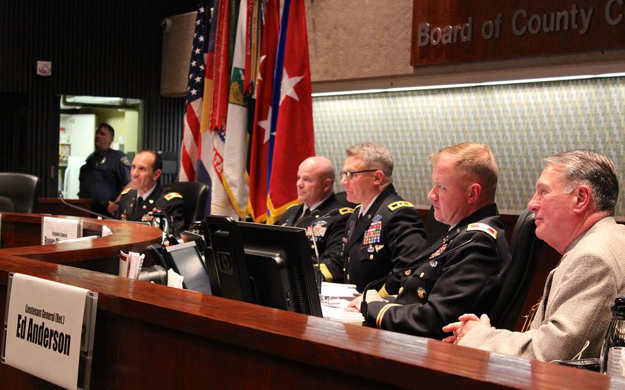 An Army panel listens to presentations from state and local politicians, business leaders and community members Tuesday at a listening session in advance of potential cuts to Fort Carson. The vast majority of the speakers expressed their support for Fort Carson and asked the Army leaders to spare the post any cuts.