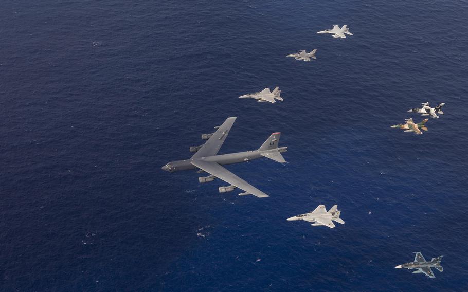 U.S. Air Force, Japan Air Self-Defense Force and Royal Australian air force aircraft fly in formation during Cope North 15, on Feb. 17, 2015, off the coast of Guam.