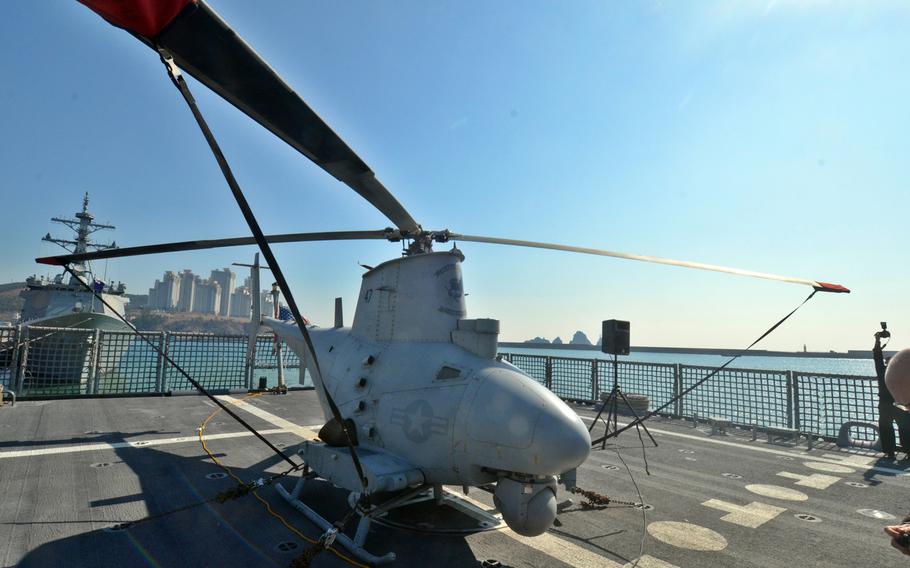 The MQ-8B Fire Scout unmanned helicopter, shown here aboard the USS Fort Worth on Saturday in Busan, saw action during the Foal Eagle exercise in water off South Korea this past week. 