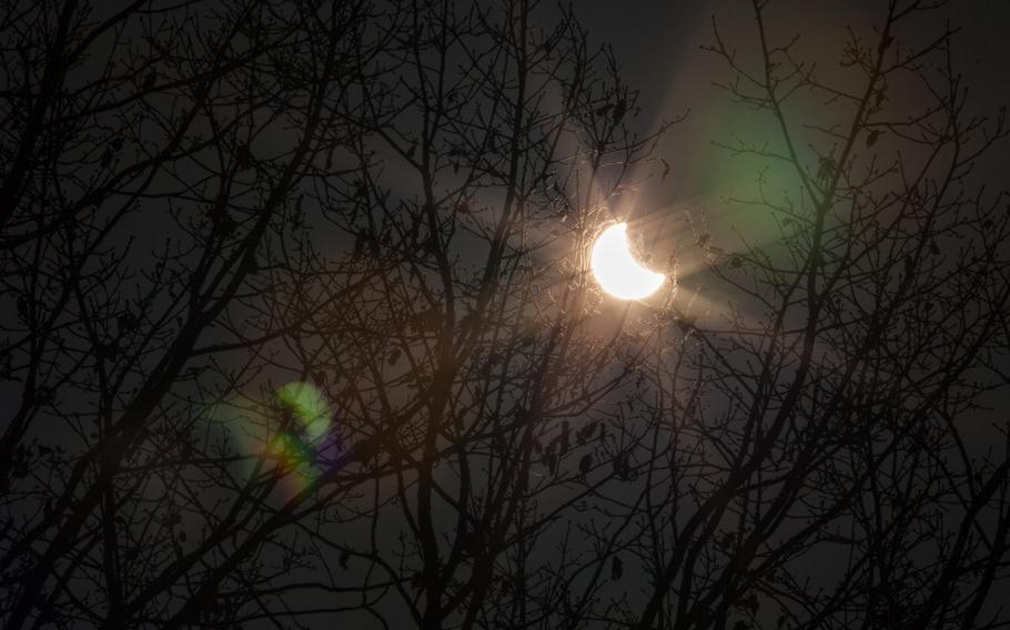 The partial eclipse of Friday, March 20, 2015, shines through a tree at the U.S. Army's Kleber Kaserne in Kaiserslautern, Germany.