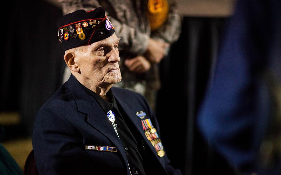 William L. Eldridge, a Bataan Death March survivor, watches the opening ceremonies OF the 26th Annual Bataan Memorial Death March at White Sands Missile Range, N.M., on March 22, 2015. Eldridge was among the more than 60,000  prisoners of war, who endured the 60-mile long March in the Philippines April 1942.
